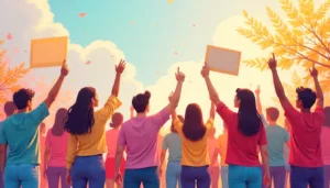 Diverse group of young people raising hands and placards celebrating International Youth Day 2025 with the theme Young People Organising for Democracy, Justice and a Better Future