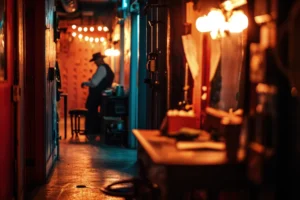 Warmly lit vintage pub interior with a man in a hat leaning by the bar, evoking nostalgia and celebration of a life fully lived.
